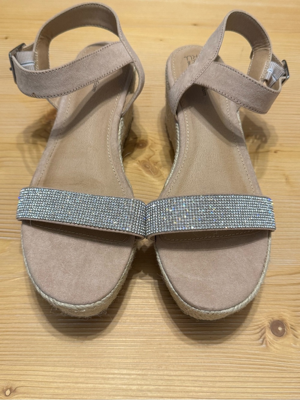 Time and Tru Blush Tan Suede Wedge Sandals with Rhinestone Strap size 9